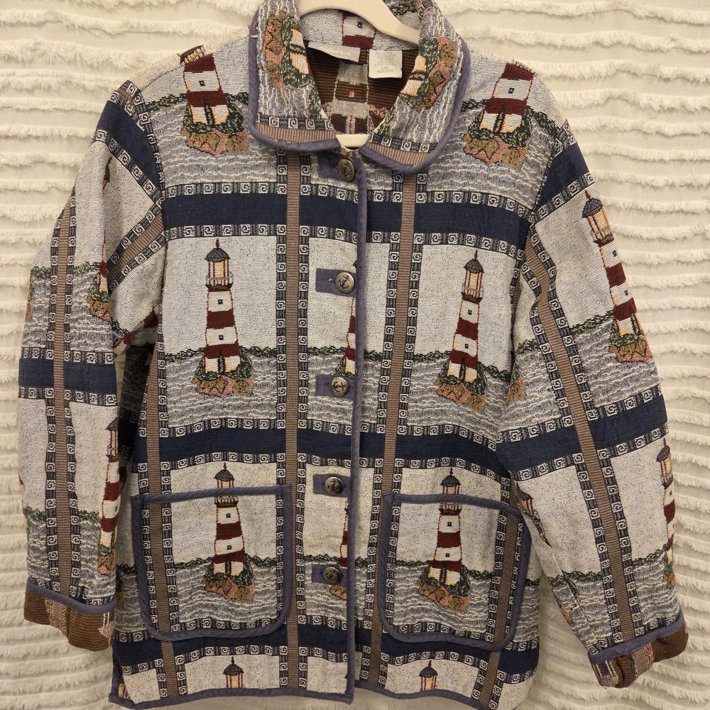 Vintage 90s Blair Lighthouse Tapestry Jacket Silver Anchor Buttons Pockets LG
